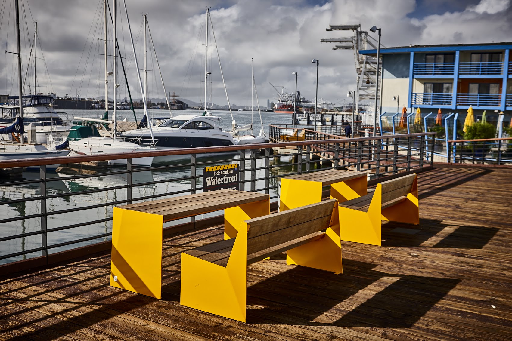 The sun-benches and chairs in this waterfront recreation area are fabricated with Kebony modified wood Clear decking located at Jack London Square