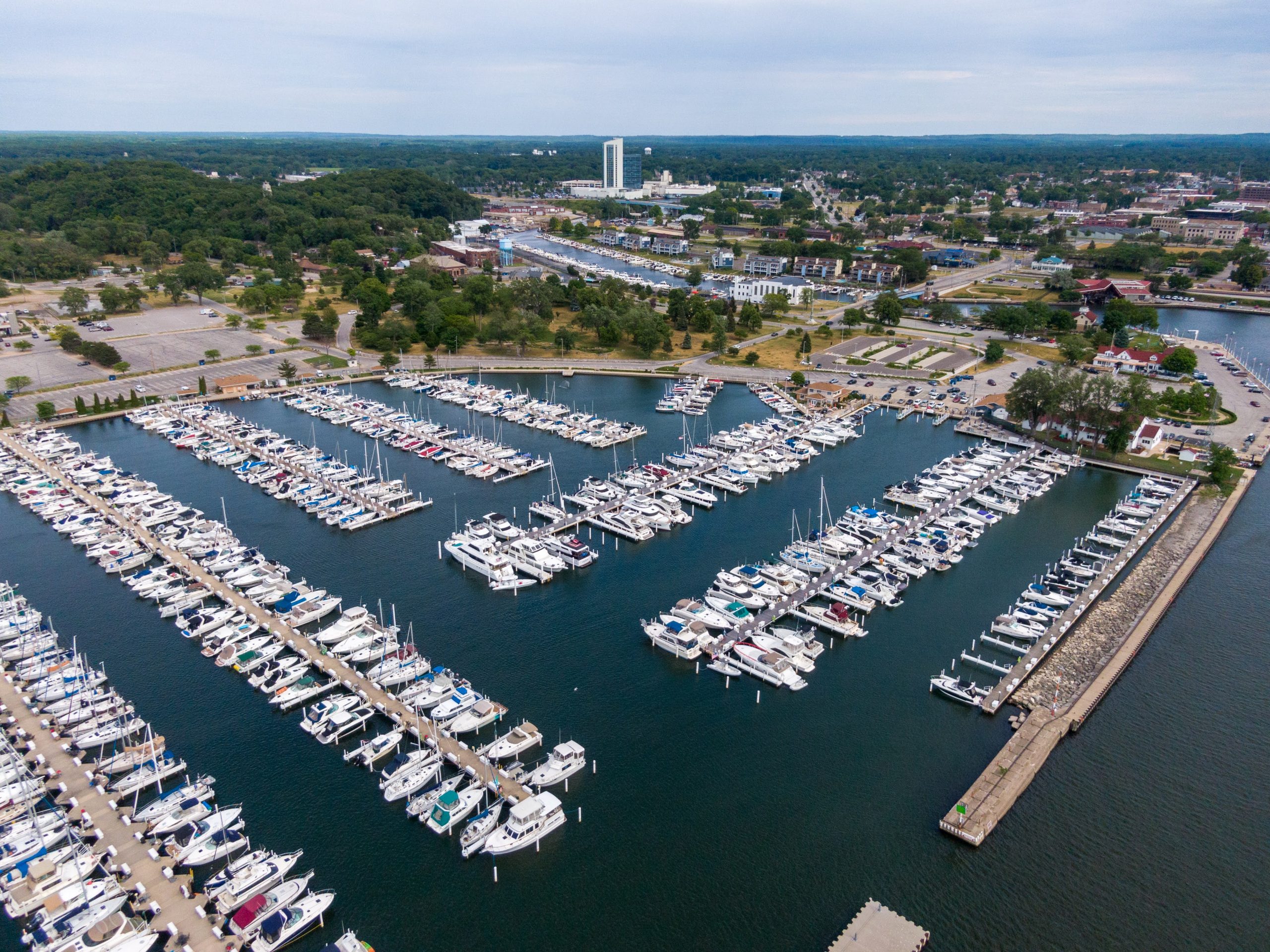 Arial view of many boats docked at the marina at Washington Park Marina Michigan City Indiana featuring Kebony modified wood clear boardwalk decking during the daytime