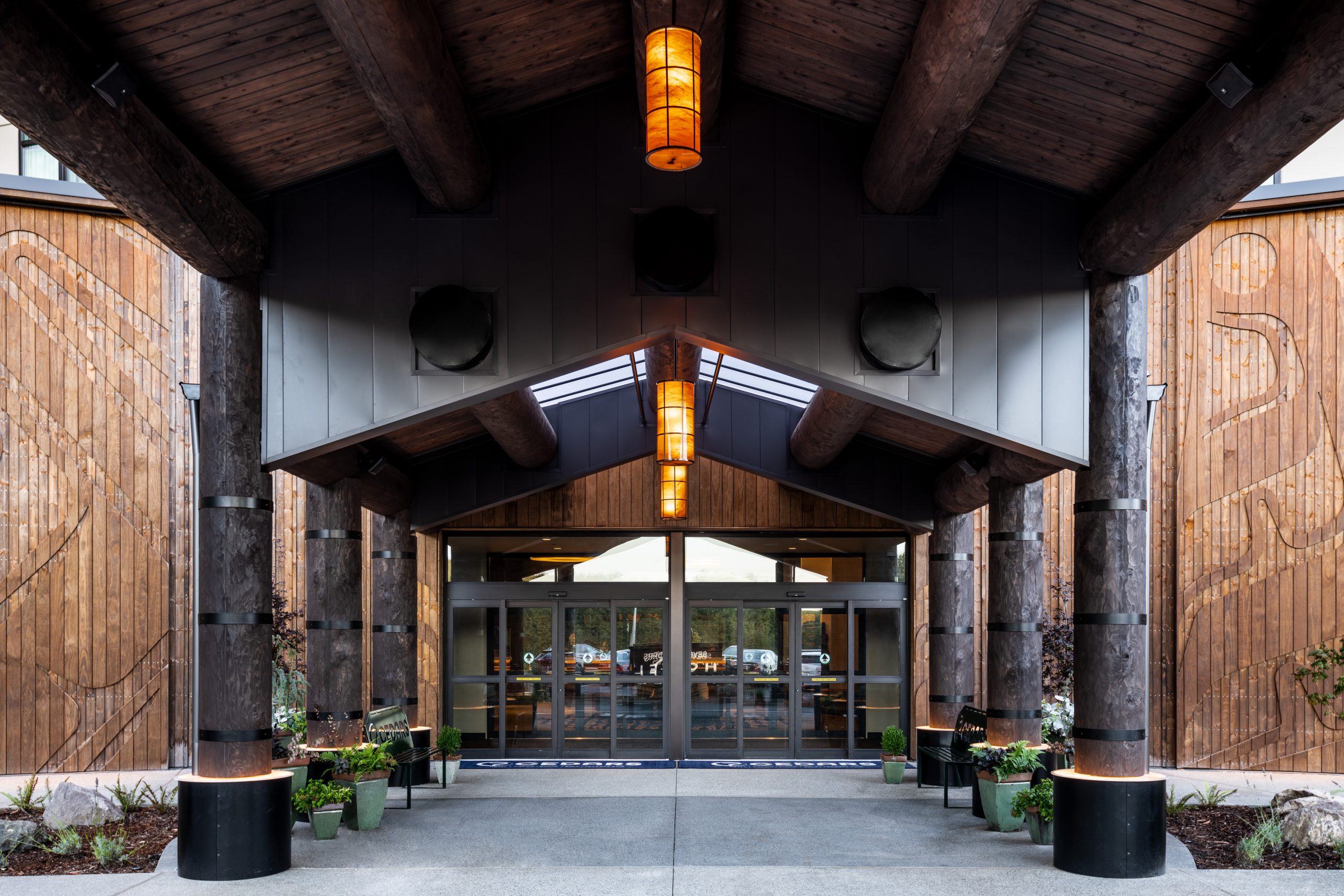 Outside entrance to the 7 Cedars Resort Hotel Casino in Sequim, Washington featuring Kebony modified wood Clear and Character Cladding